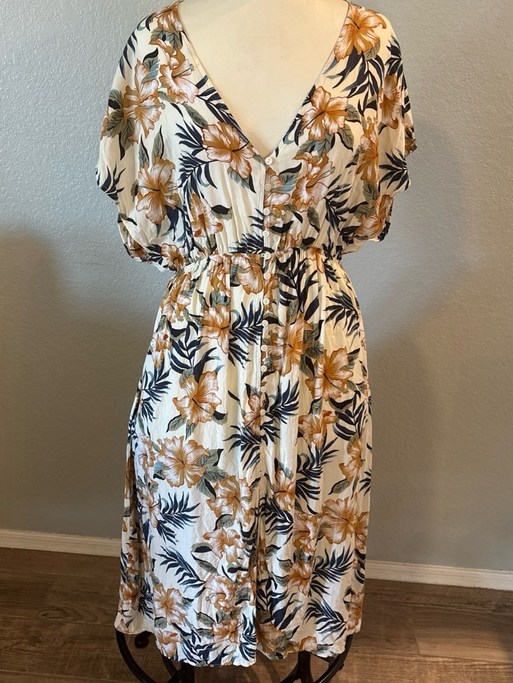 Label of Love Floral V-Neck Button-Front Dress in Cream and Mustard